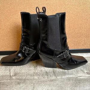 Sam Edelman Suzette Western Square Toe Black Patent Leather Boot Size 7.5